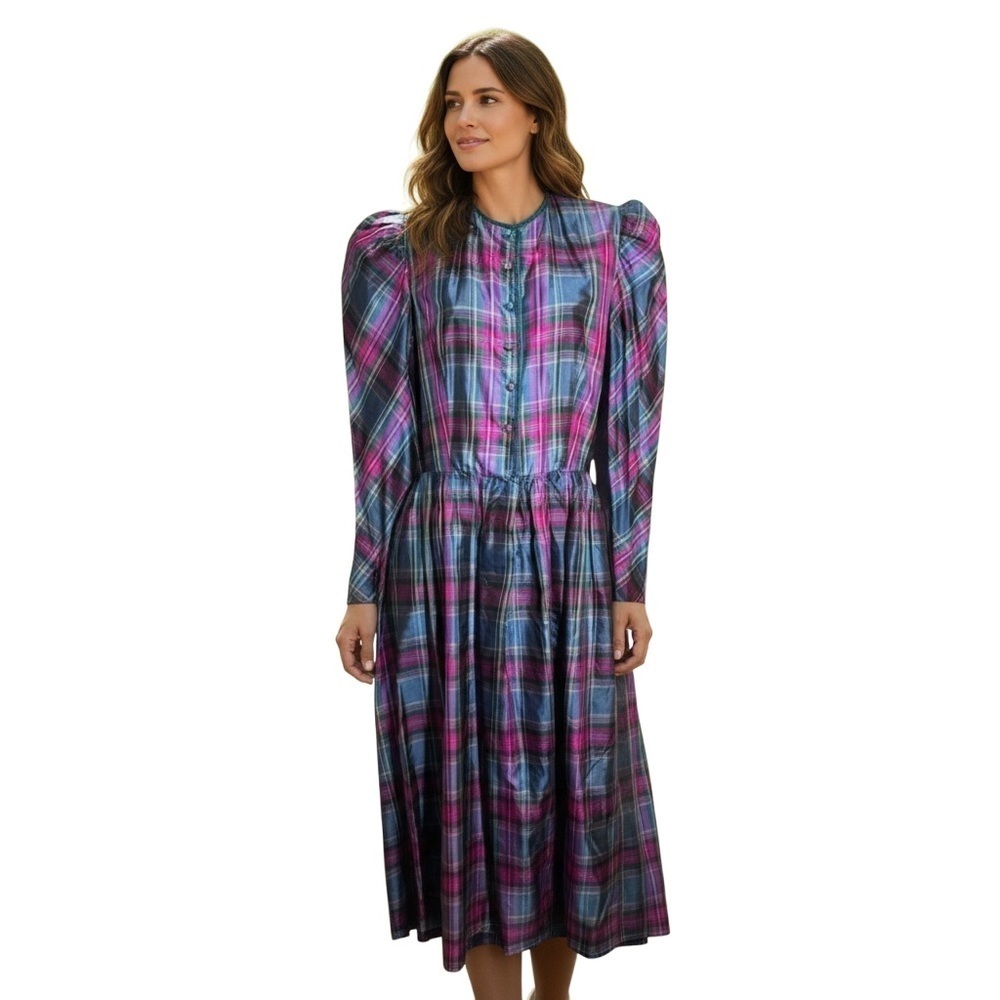 AJ Bari Silk Colorful Retro Plaid loose fit midi dress size 8 Vintage 80's